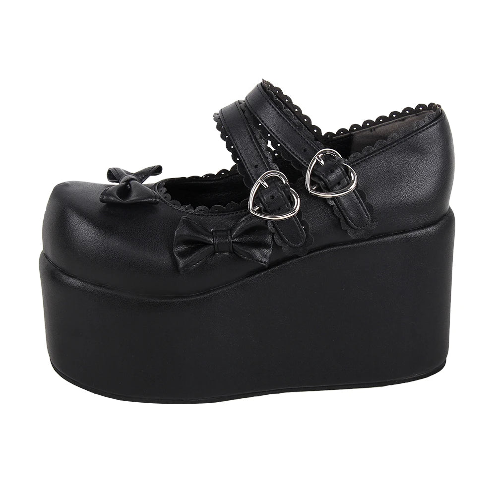 Women’s and Girls’ Lolita Punk Rock High Platform Mary Jane Shoes - Heart Buckle Straps with Bow Toe Accents