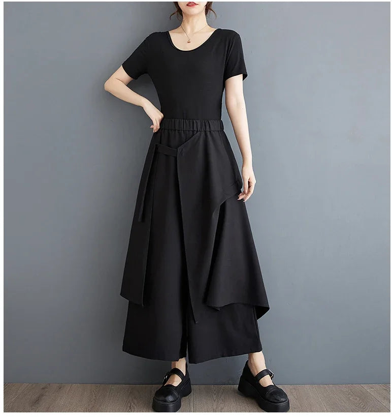 Solid Gothic High Waist Wide Leg Pants for Women - Chic Asymmetrical Design