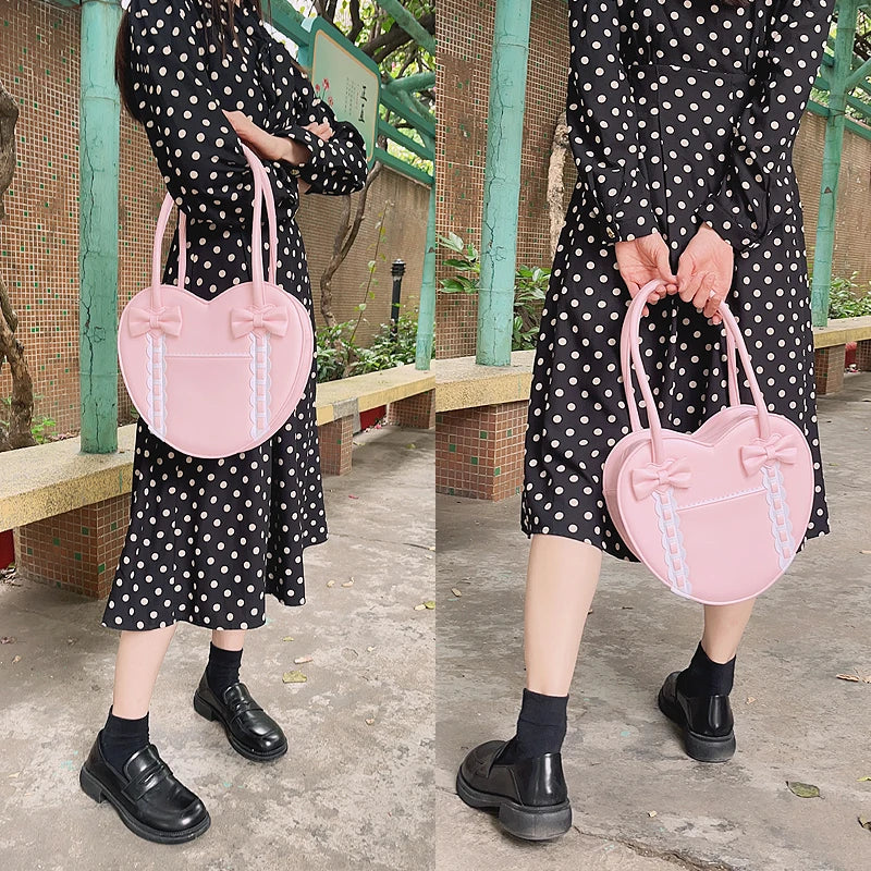 Lolita Heart Shaped Handbag for Women Japanese Kawaii Shoulder Bag Bowknot Purses and Handbags Girls Satchel Bag Totes