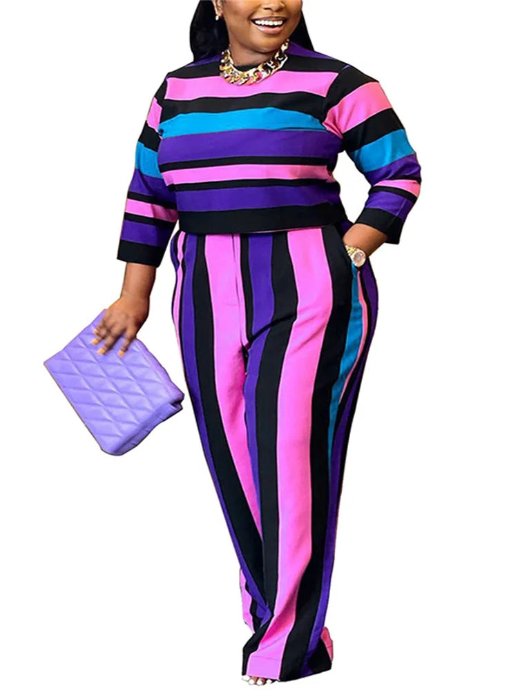 Wmstar Plus Size Two Piece Women Clothing Long Sleeve Crop Top and Pants Sets Striped Matching Set Wholesale Dropshopping 2023