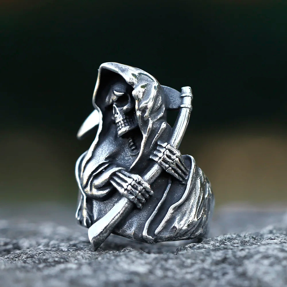 Men's 316L stainless steel Sickle Calvarium Skull ring Gothic Biker PUNK Motorcycle Band Jewelry