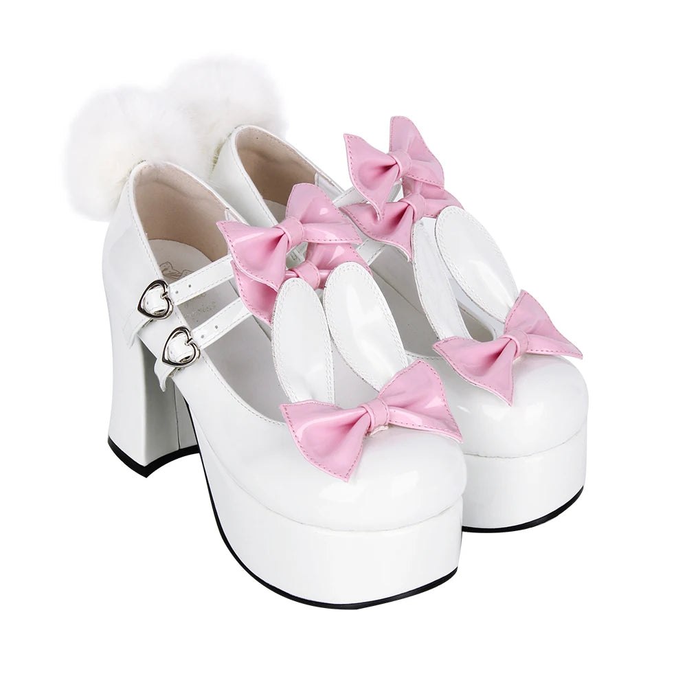 Women lolita cosplay shoes lady high heels pumps girl student dress party customized shoes pink white PL bows Rabbit ears 33-47