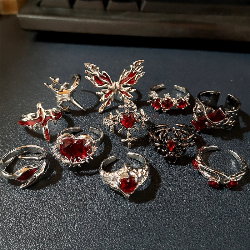 Goth Punk Vintage Red Crystal Love Heart Cross Geometry Irregular Open Ring Set Y2K Halloween Accessories For Women Kpop Jewelry