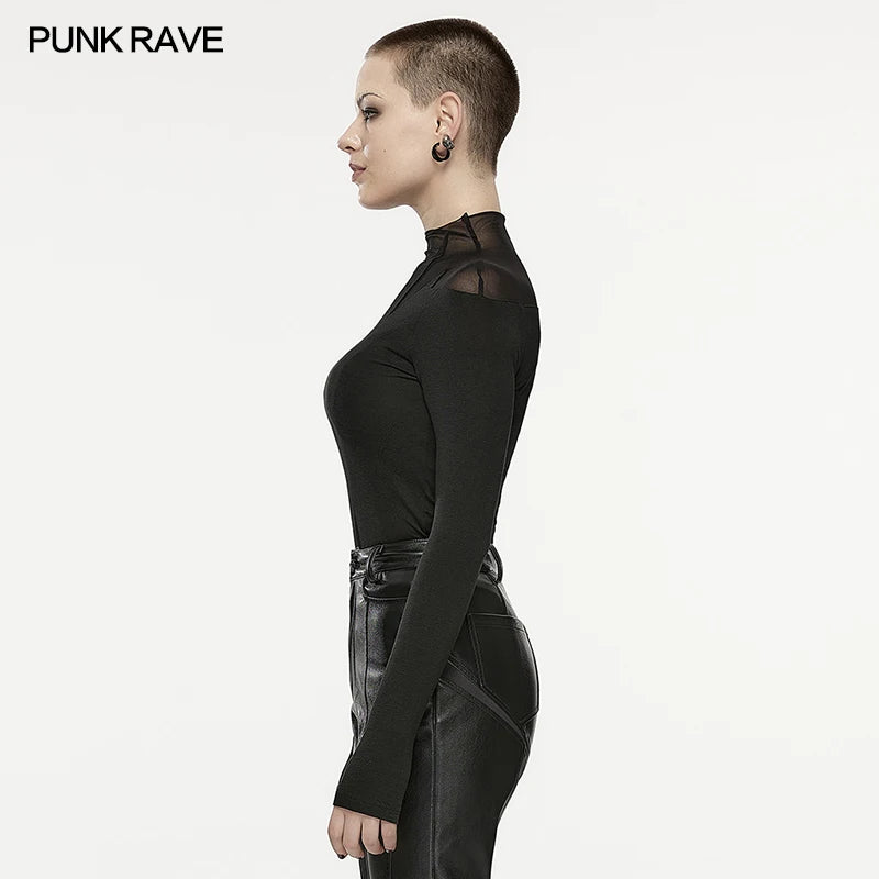 PUNK RAVE Women's Punk Heartbeat Mesh Long Sleeve T-shirt Daily  Stand Collar Finger Hole Design Dark Soft Elastic  Tops