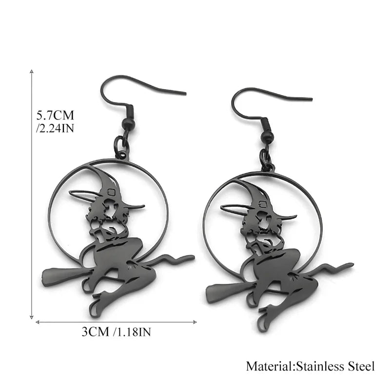 Stainless Steel Dangle Earrings – Witchcraft Black Hollow Pendant, Punk Halloween Jewelry for Women