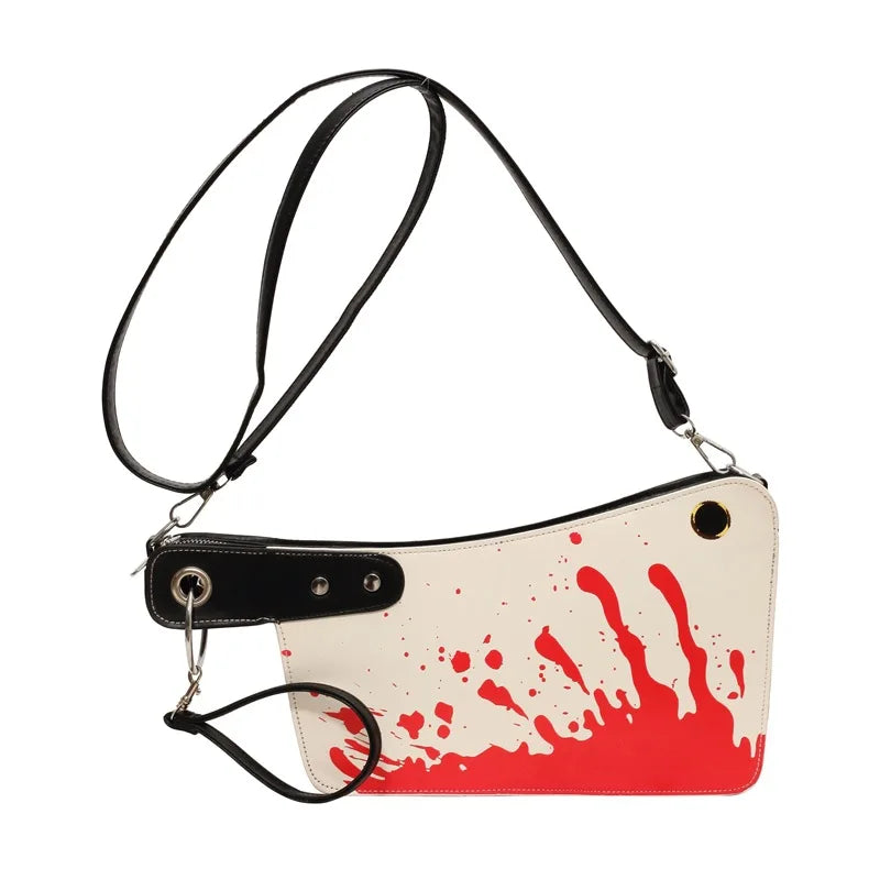 Unique Horror-Inspired Small Leather Handbag for Women - Bloody Knife Shaped Crossbody Shoulder Bag with Top Handle, Fun and Fashionable