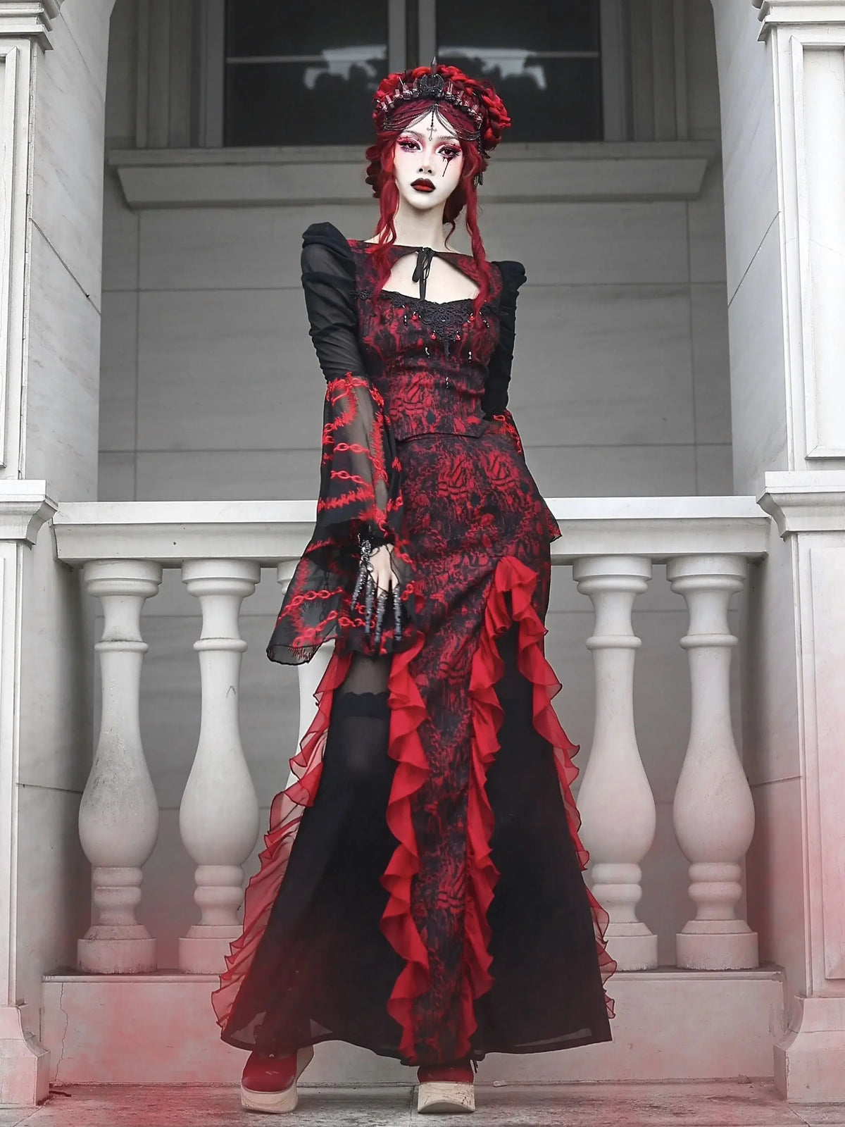 Blood Supply Devil Gothic Rose Print Long Skirt - Punk Chiffon Mesh Trumpet Skirt for Summer in Red and Black