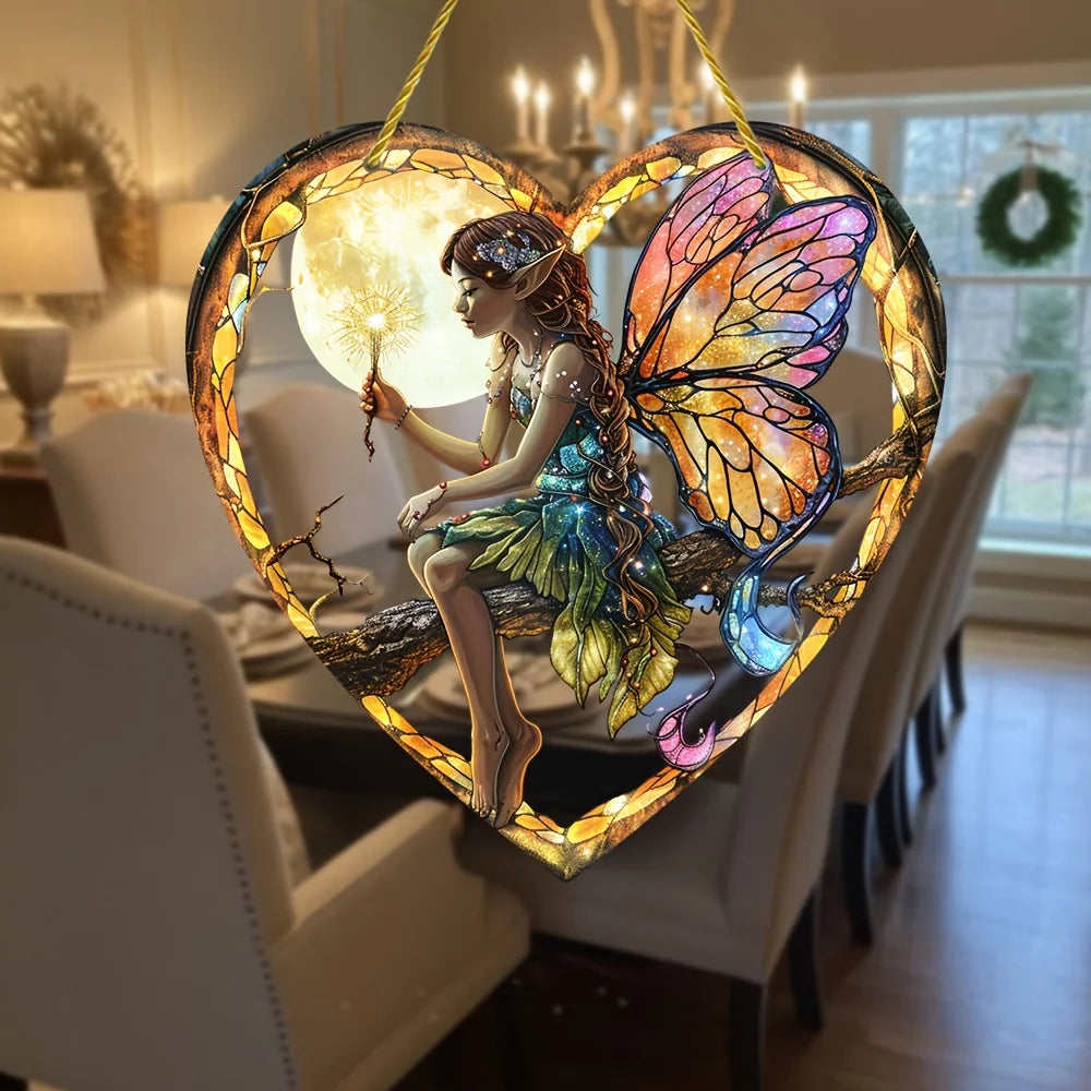 1 Pc Magic Fairy Hanging Decoration, Acrylic Heart Wall Hanging, Stained Glass Shape, Perfect for Home and Garden Decoration