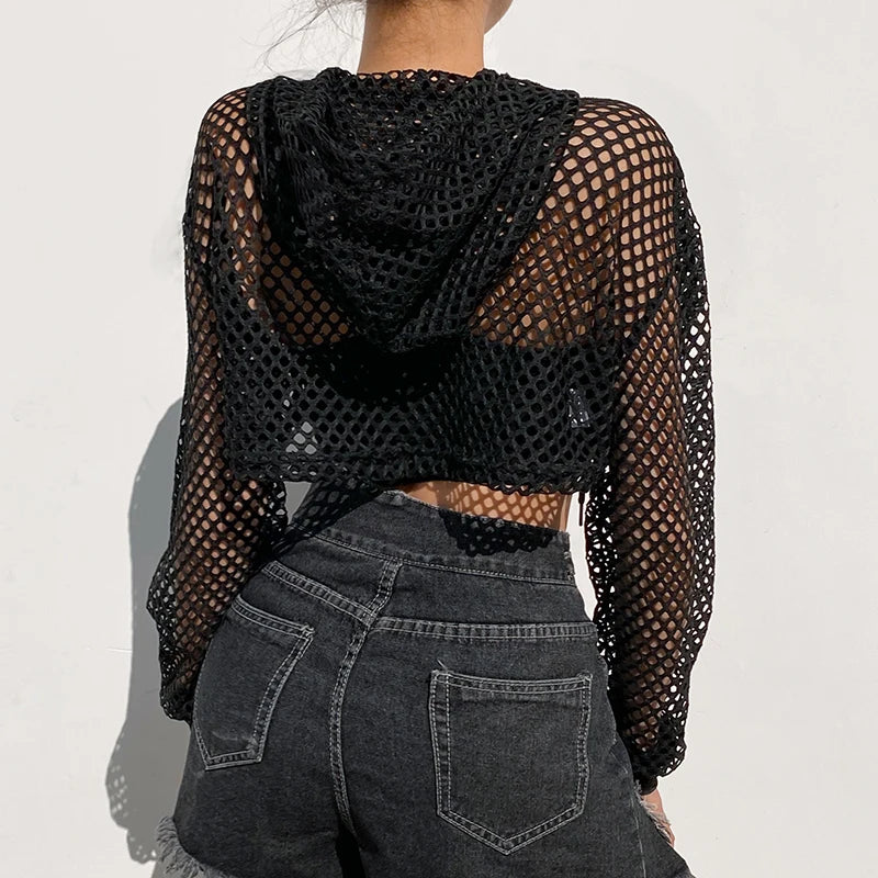 CIBBAR Street Style Fishnet T-Shirt - See-Through Hollow Out Hooded Full Sleeve Crop Top for Women, Casual Loose Shirt Smock Ideal for Fall