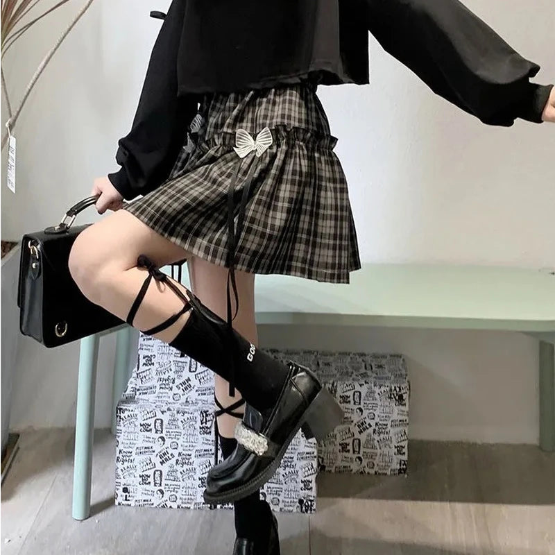 Kawaii Gothic Lolita Plaid Skirt - Women's Goth Bow Black High Waist A-line Mini Skirt, Japanese Style Harajuku Soft Girl