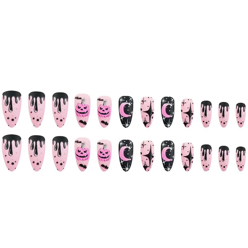 24pcs Halloween Pink Wearing Nails Detachable French Ballerina Nails Art Press on Nails Almond Fake Nails cartoon False Nails