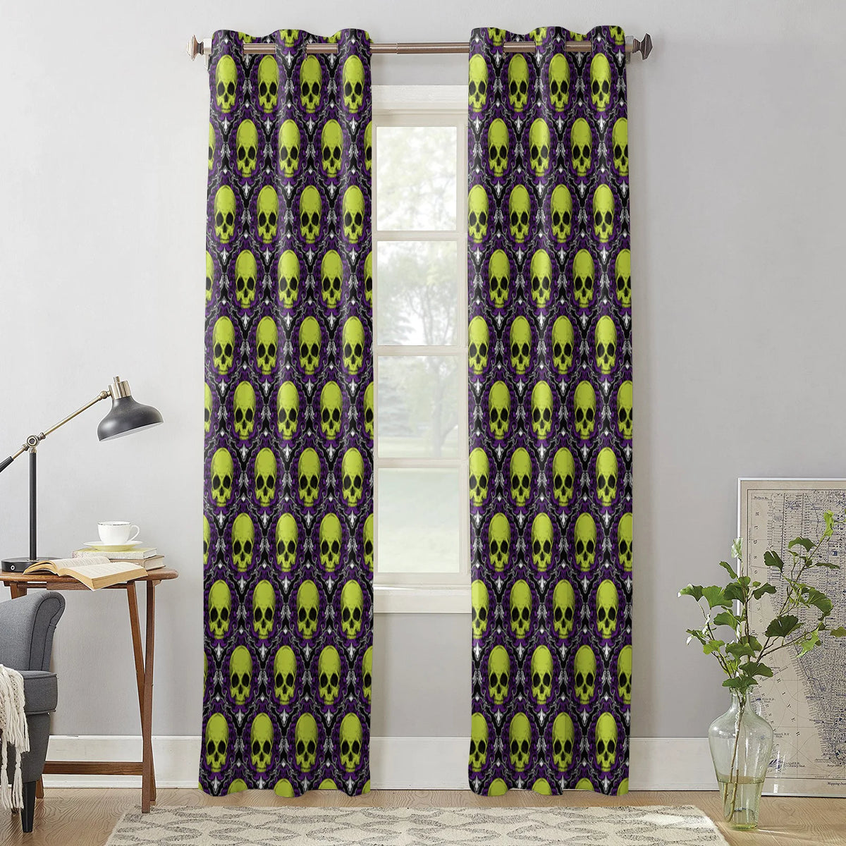 Halloween Purple and Green Textured Skull Window Curtains - Luxury Drapes for Living Room, Bedroom, Coffee, and Kitchen Decor