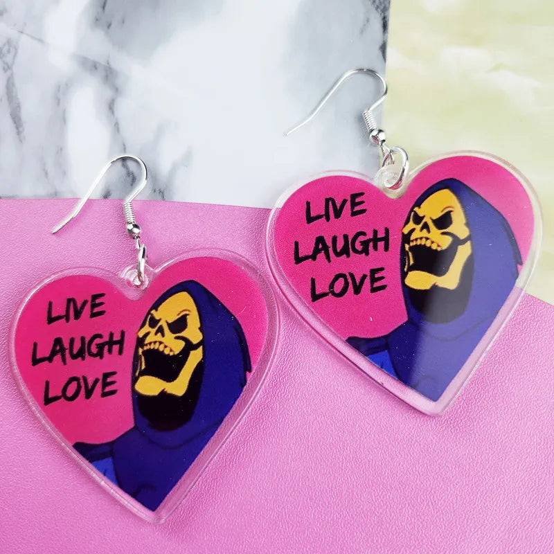 Skeltor He-Man Live Laugh Love Acrylic Earrings - Creative Stay Weird Jewelry, Personalized Charm for Women, Perfect Gift Idea