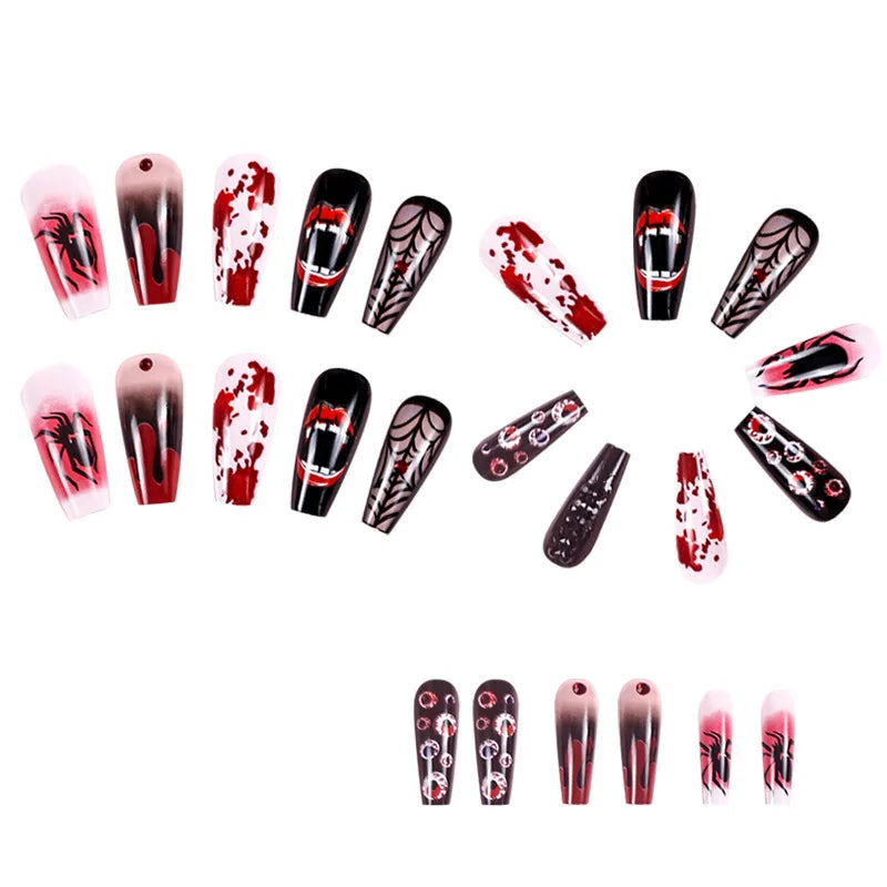 24pcs Halloween Spider Web & Ghost Face False Nails – Rhinestone Eyeball Horror Press-On Nails for Women & Girls