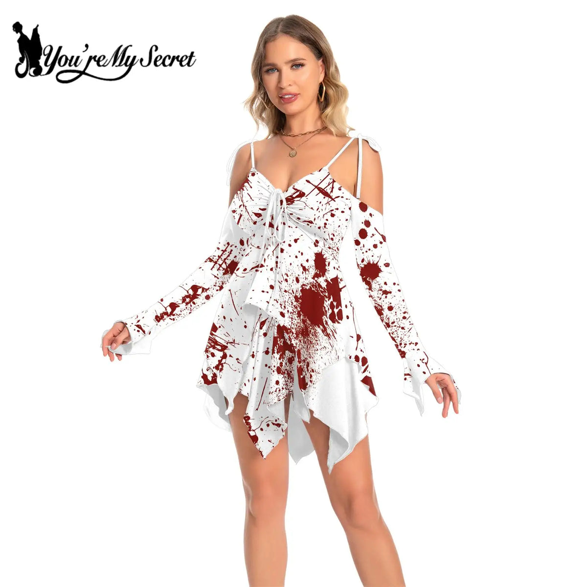 [You're My Secret] Adult Women Cosplay Halloween Harley Clown Bloody Costume Party Long Sleeve Midi Backless Dresses Female