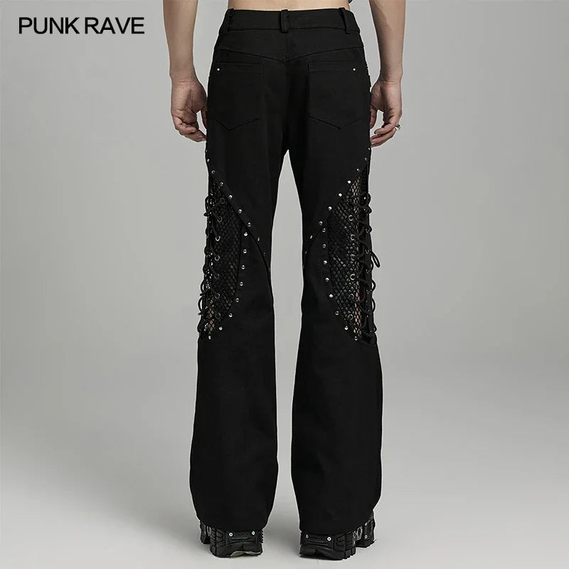 PUNK RAVE Men's Punk Twill Personalized Mesh Hollowed Splicing Design Flare Pants Trousers Streetwear Men Clothing