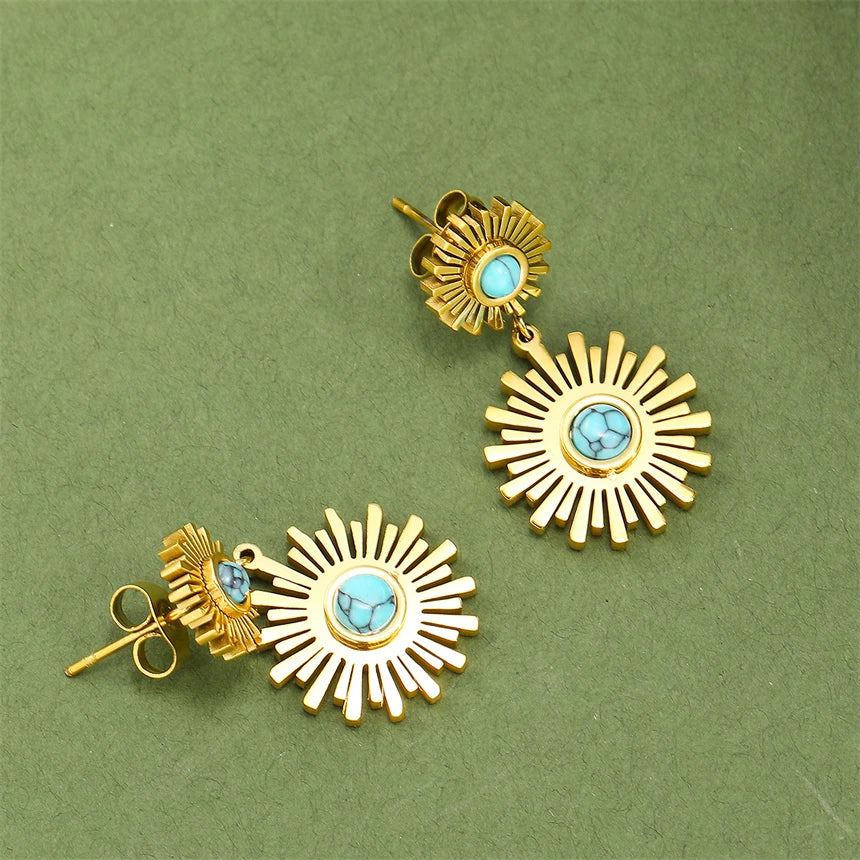 Vintage Sunflower Earrings: 316L Stainless Steel with Imitation Turquoise - High Fashion Jewelry