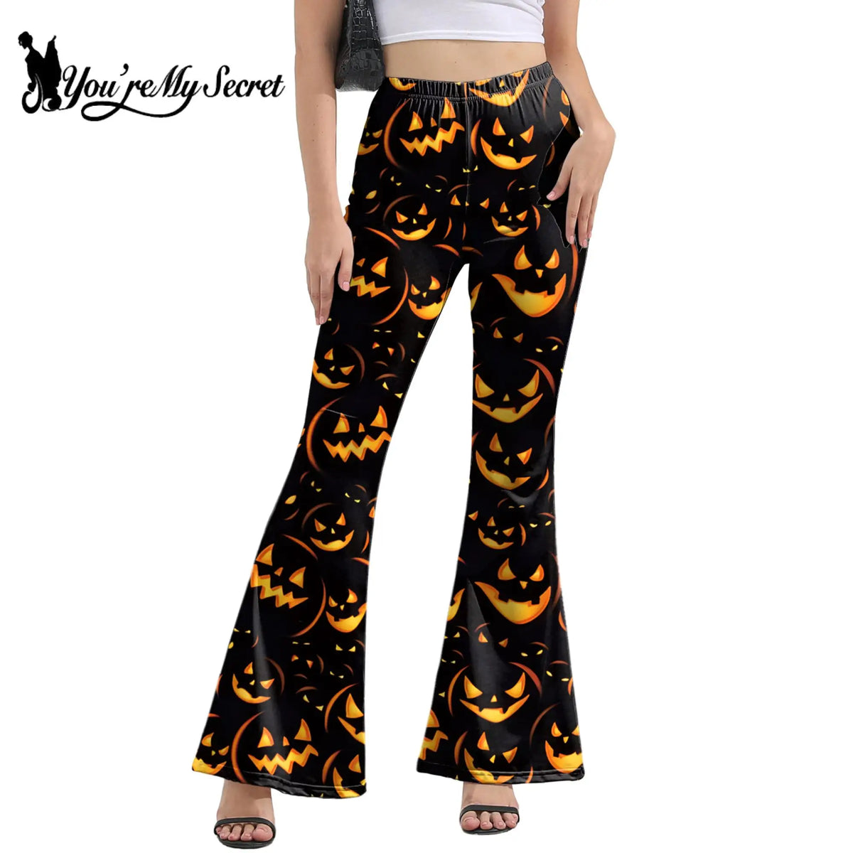 [You're My Secret] Women's Slim Pants Casual Bell Bottoms High Waist Flare Trousers Halloween Style Printed Trousers Female