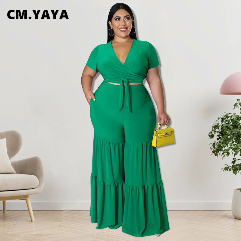 CM.YAYA Elegant Plus Size Loose Lantern Flare Trousers Suit - Women's Tie Crop Top and Straight Pants Two Piece Set