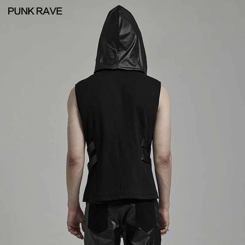 PUNK RAVE Men's Punk Sweatshirt Tech Wear Personality Vest Handsome Casual Tops Decorated with Leather Loops on Both Waist Sides