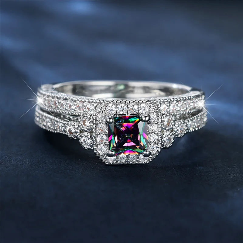 Luxury Crystal Rainbow Zircon Engagement Ring Set - Cute Wedding Jewelry for Women