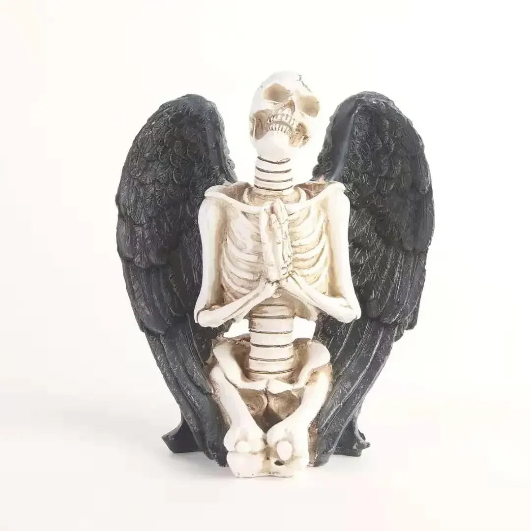 Resin Skeletons Statue with Black Angel Wings | Collectible Skull Figurine for Home Decor