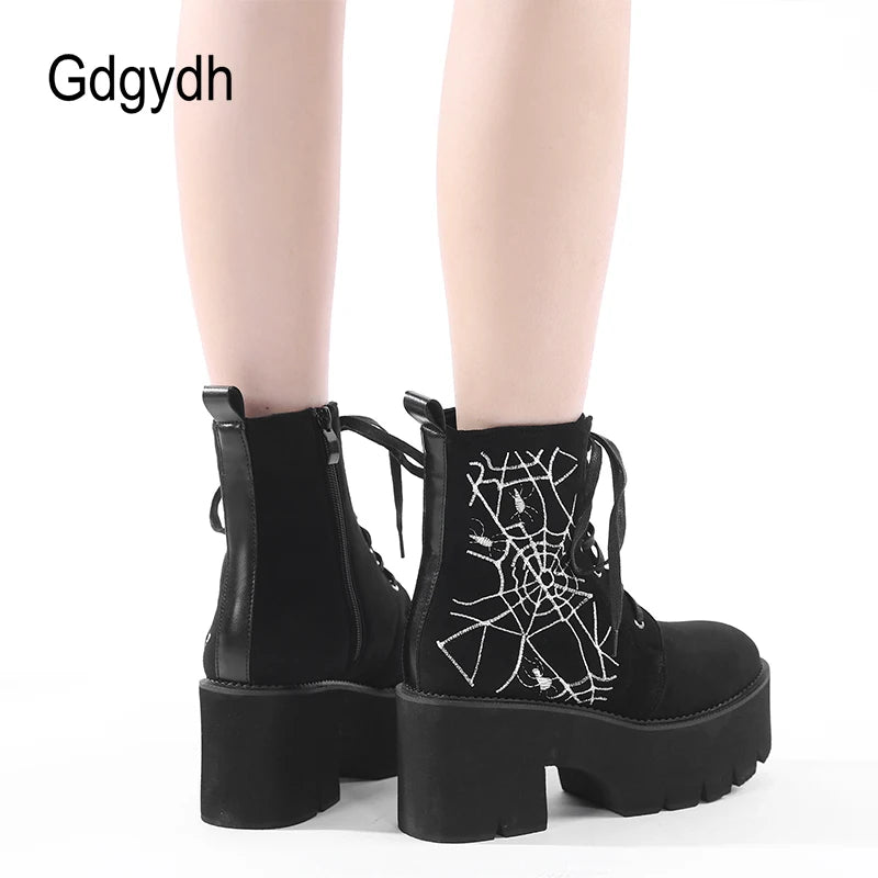 Gdgydh Fashion Embroider Womens Goth Platform Boots Round Toe Chunky Ankle Boots Punk Boots Lace Up&Zipper Suede Combat Boots