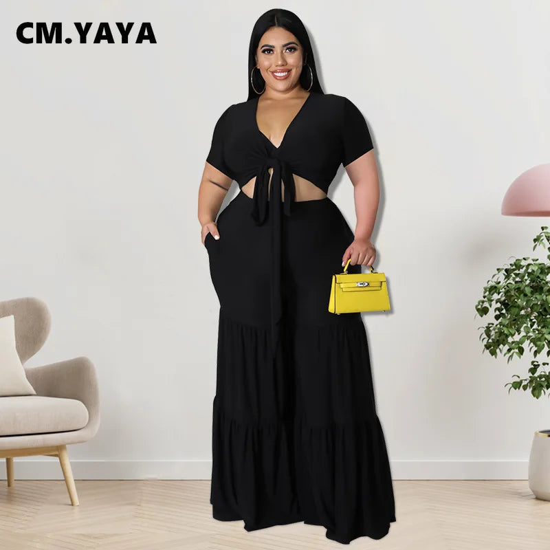 CM.YAYA Elegant Plus Size Loose Lantern Flare Trousers Suit - Women's Tie Crop Top and Straight Pants Two Piece Set