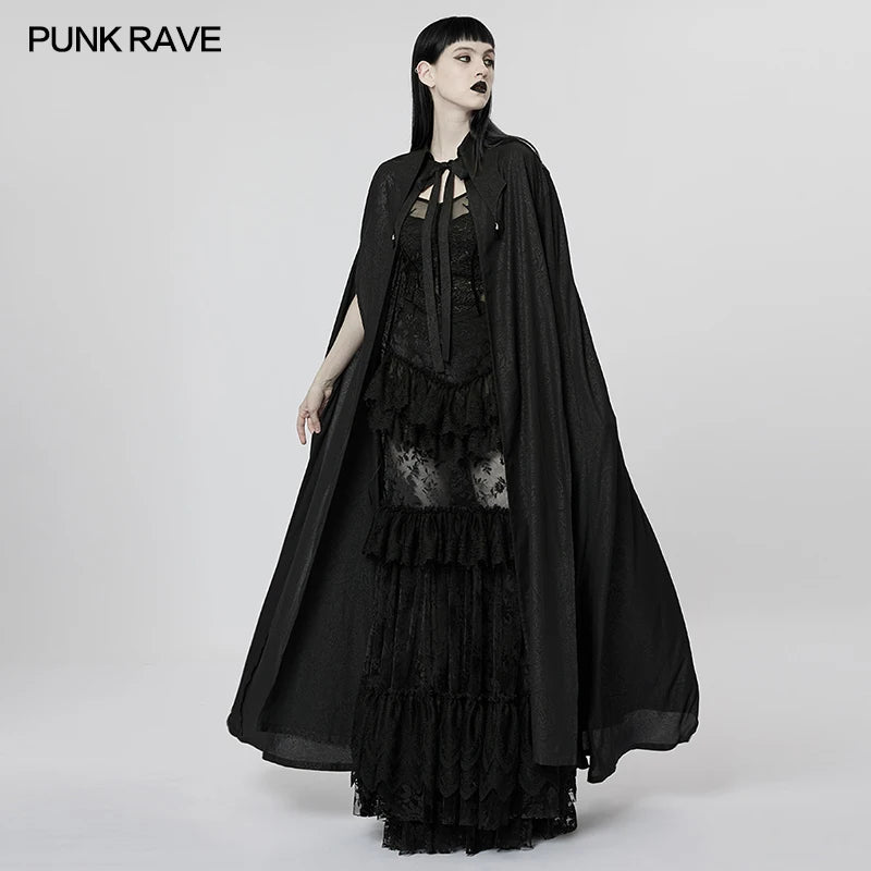 PUNK RAVE Women's Gothic Lapel Long Cloak - Butterfly Collar Thin Black Cape for Party, Club, and Halloween