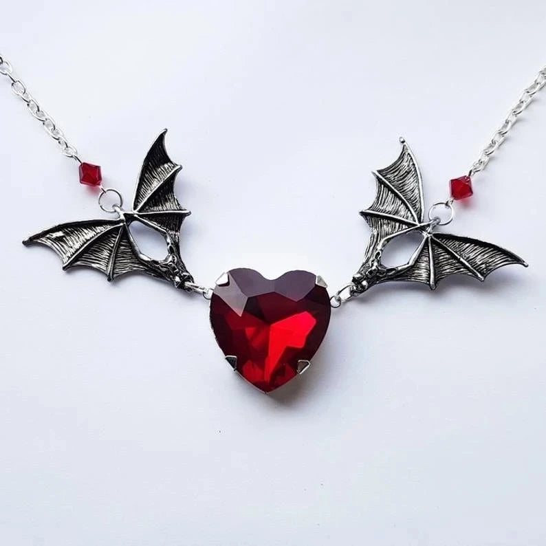 Silver plated Bat Necklace with Red Heart //Gothic Necklace //Bat Necklace //Halloween Jewelry //Vampire Jewelry //Bat Jewelry