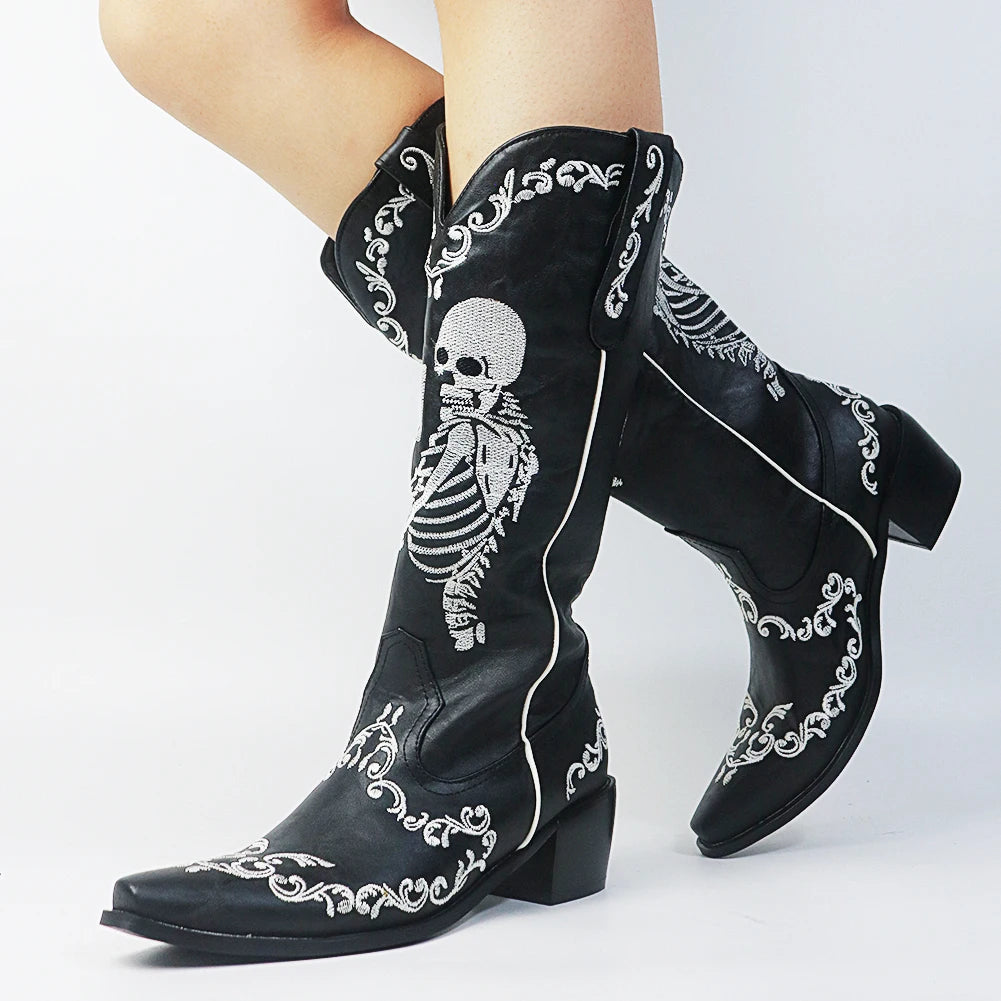 Women Skull Skeleton Selfie Cowboy Western Mid Calf Boots Pointed Toe Slip-On Stacked Heel Goth Punk Autumn Shoes Brand Designer