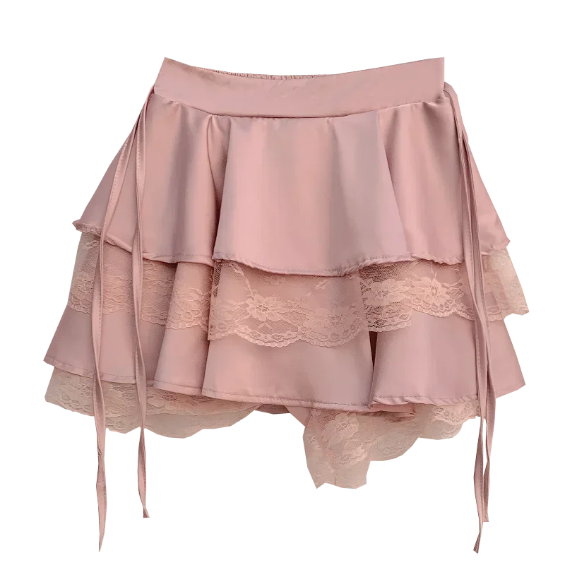 Ladies’ Lace Splicing Sexy Mini Skirt - Korean Fashion Casual Pleated Skirt for Women and Girls, Cute Black Fluffy Lolita Style