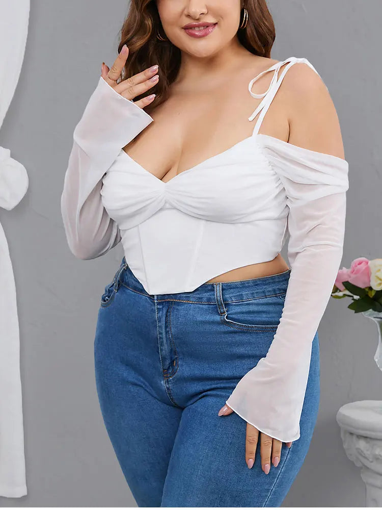 EYNMIN Plus Size Solid Mesh Sleeve Cropped Top for Women – Autumn Sexy V-Neck Backless Cami Fashion Club Top