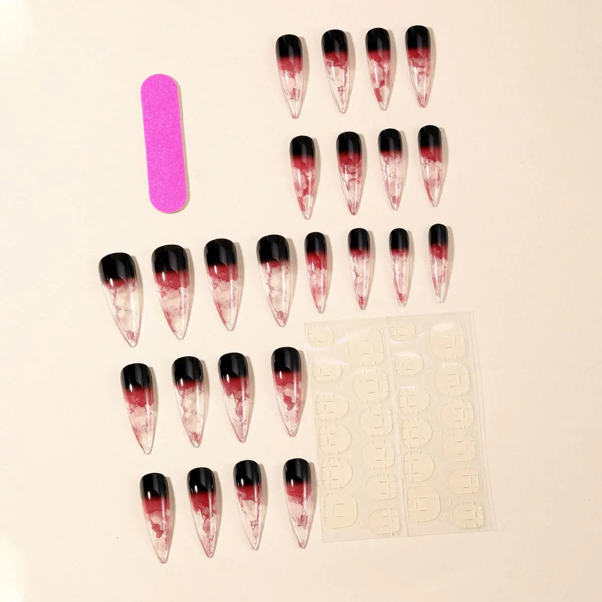 24pcs Halloween Black Red Gradient Almond Fake Nails, Press-On Full Cover Nails with Blood Line Design, Stiletto False Nail Tips