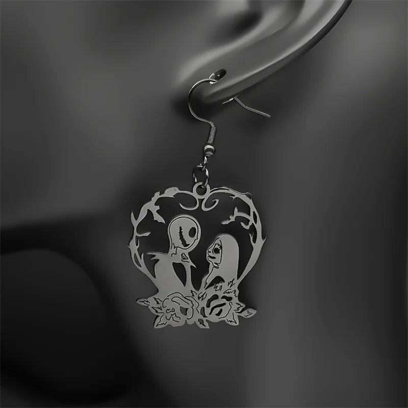 Love Heart Stainless Steel Skull Rose Flower Drop Earrings | Long Gothic Earrings for Women Men | Black Color Jewelry Party Gift