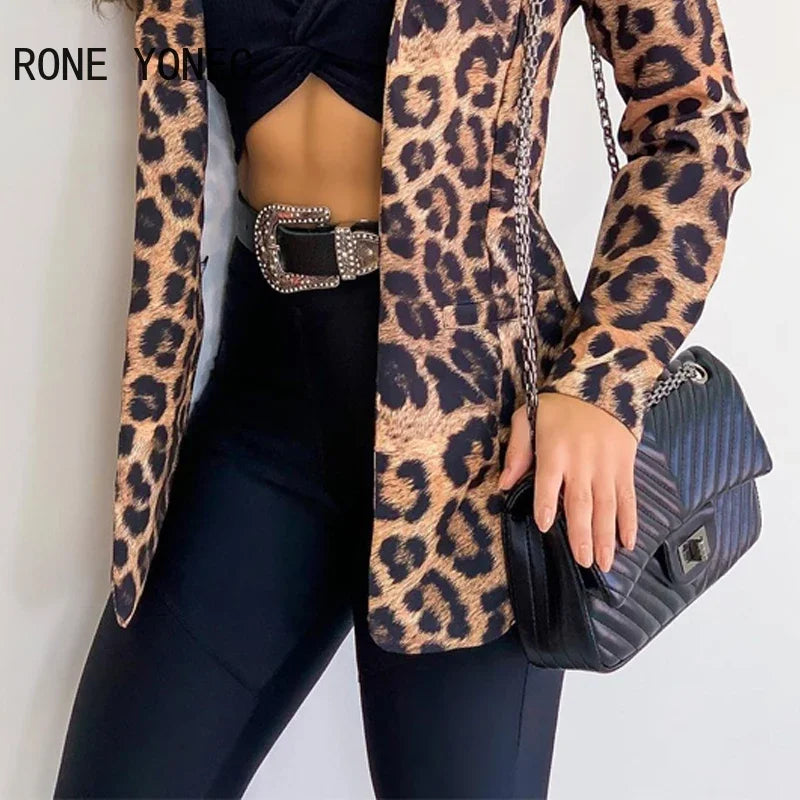 Women’s Chic Leopard Print Double Blazer with Notched Collar - Casual and Elegant Top