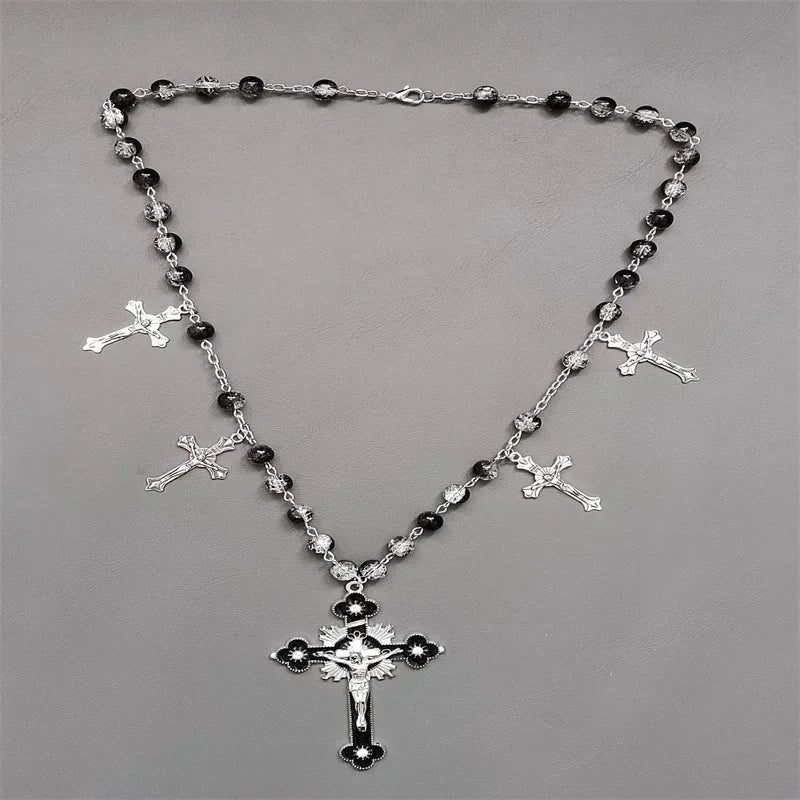 Cross Necklace – Grunge Rock Pearl Necklace for Women, Punk Cool Accessory, Goth Fashion Jewelry