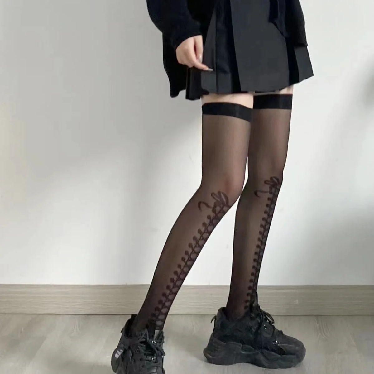 Japanese Knee-high Hosiery Women's Ultra Thin Cross Tie Bow Fake Boots Printed JK Lace Knee-high Hosiery Black Hosiery