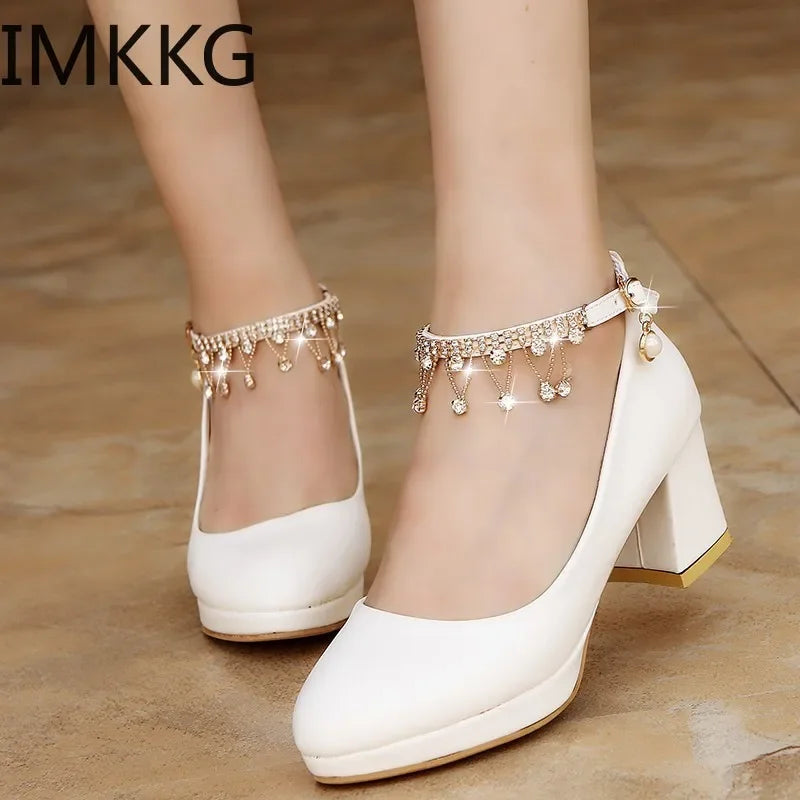 White Women Wedding Shoes Crystal Preal Ankle Strap Bridal Woman Dress Shoe Sexy Pumps Sweet Party Footwear