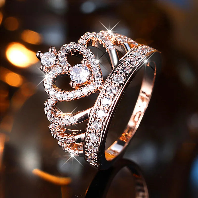 Luxury Female Big Heart Crown Zircon Stone Engagement Ring - Rose Gold Bride Wedding Jewelry Gift