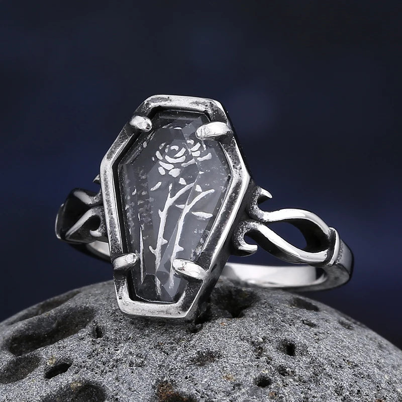 2023 Gothic Coffin Ring with Flower and Glass - Fashion Gift for Men and Women