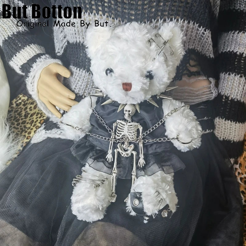 Goth Girl Fan Bearing Soft Plush Teddy Bear Crossbody Handbag With Metal Decorative Accents Goth Dress And Chain Strap