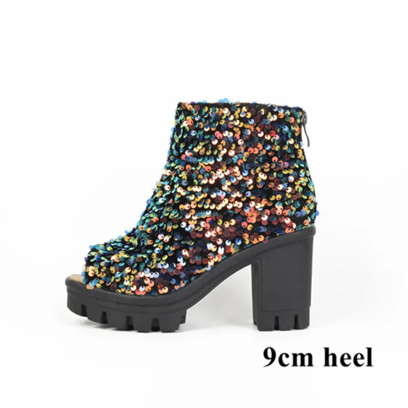 Women’s Sparkly Sequined Boots | Open Toe | Chunky High-Heeled Platform | Goth | Glitter Silver Party Shoes