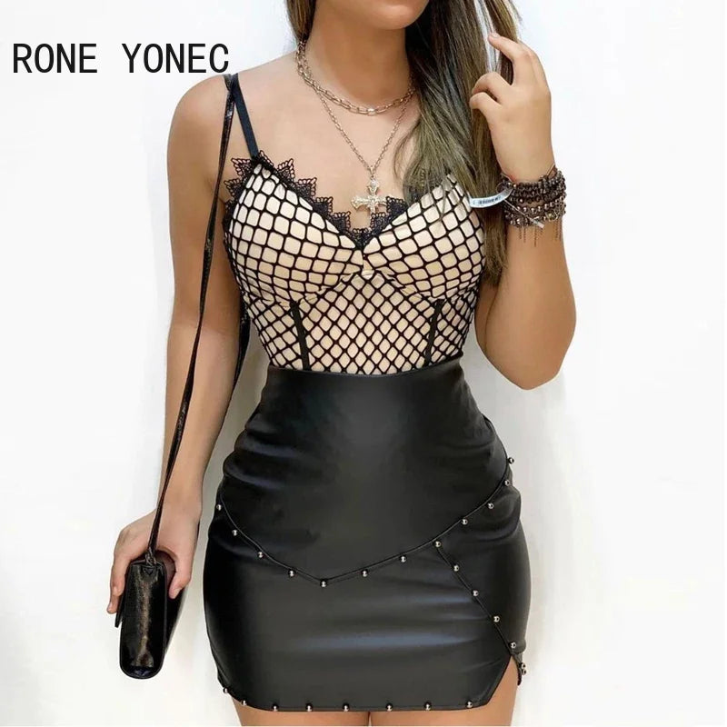 Women Chic Solid Black PU Leather Bodycon Skirt with Rivet, Small Slit, and Bright Line Decoration