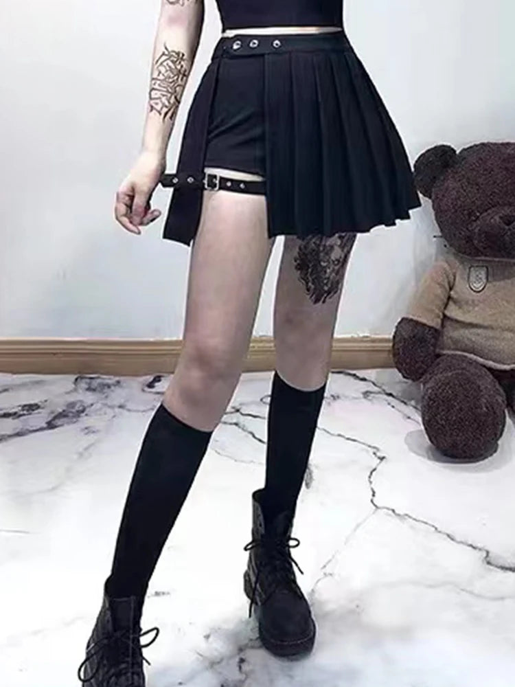 AltGoth Punk Mall Goth Shorts Skirt - Women's Y2K E-girl Streetwear Harajuku Leg Ring Buckle Detachable High Waist Emo Alt Clubwear