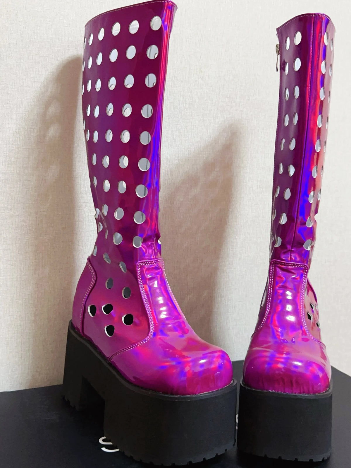 Women's Punk Princess Rhinestone Laser Purple Platform Club Boots