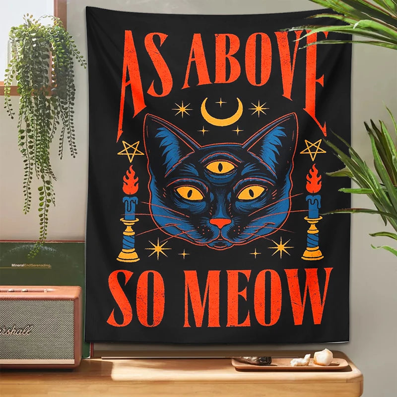 Cat Tarot Tapestry | Witchcraft Cat Wall Hanging | Psychedelic Boho Room Decoration