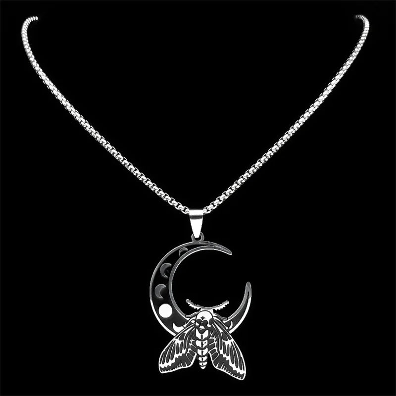 Witch Luna Moth Skull Crescent Necklace for Women Men Stainless Steel Gothic Insect Moon Phase Chain Jewelry colar N9624S02