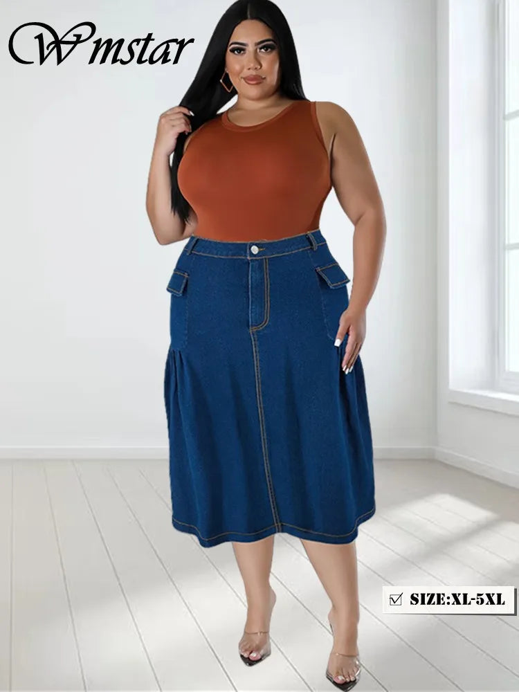 Wmstar Plus Size Only Skirts Women's Clothing Denim Maxi Patchwork Pockets Sexy Zip Medium Stretch Wholesale Dropshipping 2024