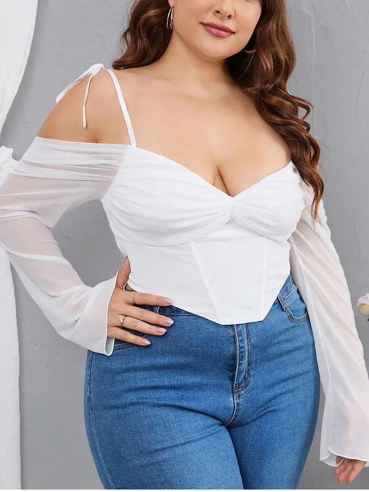 EYNMIN Plus Size Solid Mesh Sleeve Cropped Top for Women – Autumn Sexy V-Neck Backless Cami Fashion Club Top